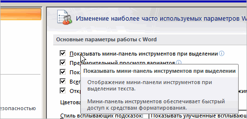 Отключение мини-панели в Word 2007